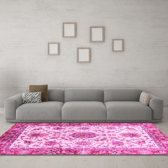 Machine Washable Oriental Pink Modern Rug in a Living Room, wshabs3382pnk