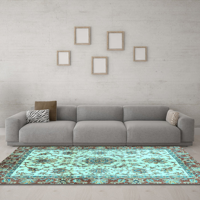 Machine Washable Oriental Light Blue Modern Rug in a Living Room, wshabs3382lblu