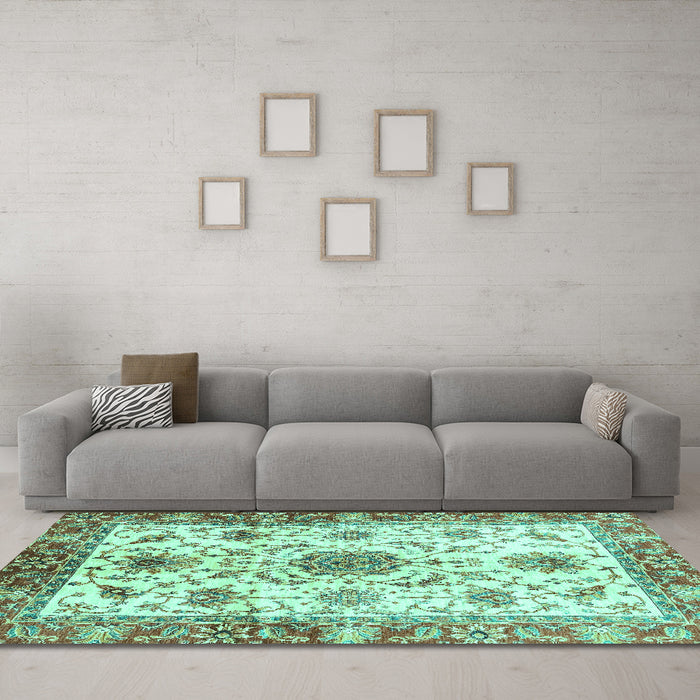 Machine Washable Oriental Turquoise Modern Area Rugs in a Living Room,, wshabs3382turq