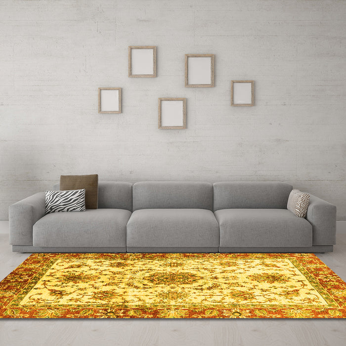 Machine Washable Oriental Yellow Modern Rug in a Living Room, wshabs3382yw