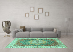Machine Washable Oriental Turquoise Modern Area Rugs in a Living Room,, wshabs3383turq