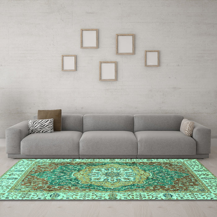 Machine Washable Oriental Turquoise Modern Area Rugs in a Living Room,, wshabs3383turq