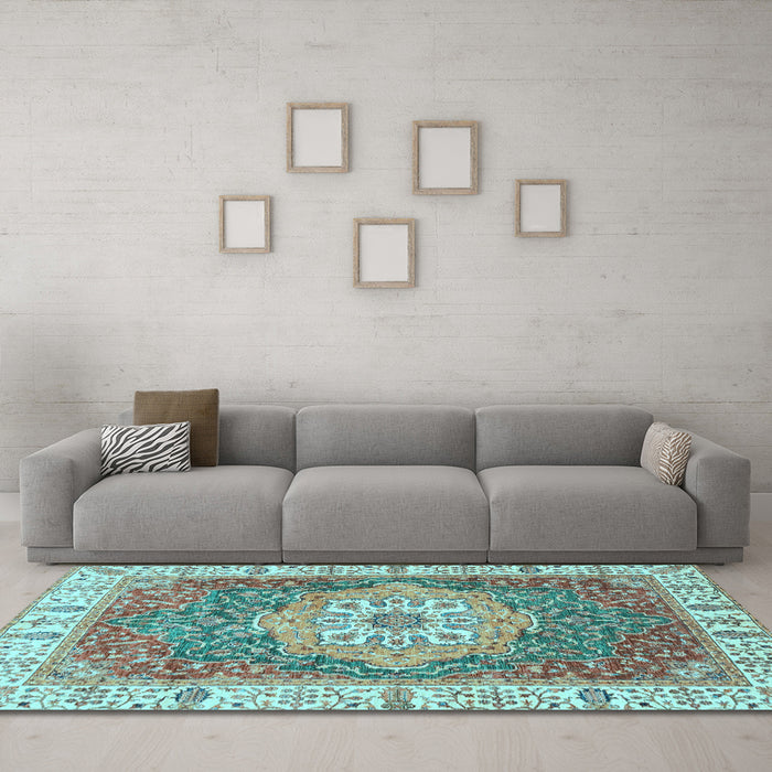 Machine Washable Oriental Light Blue Modern Rug in a Living Room, wshabs3383lblu