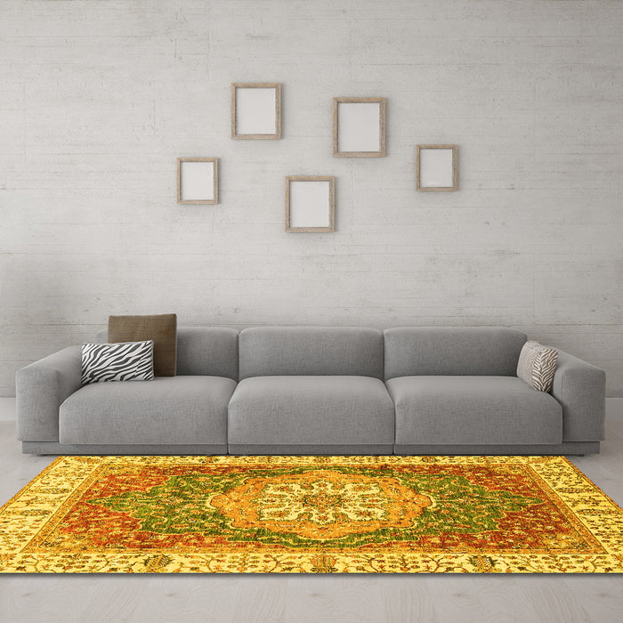 Machine Washable Oriental Yellow Modern Rug in a Living Room, wshabs3383yw