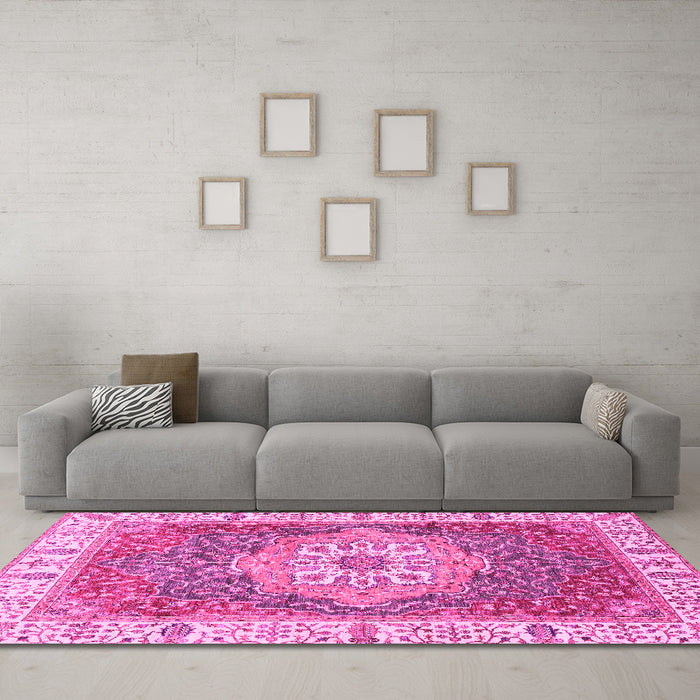 Machine Washable Oriental Pink Modern Rug in a Living Room, wshabs3383pnk