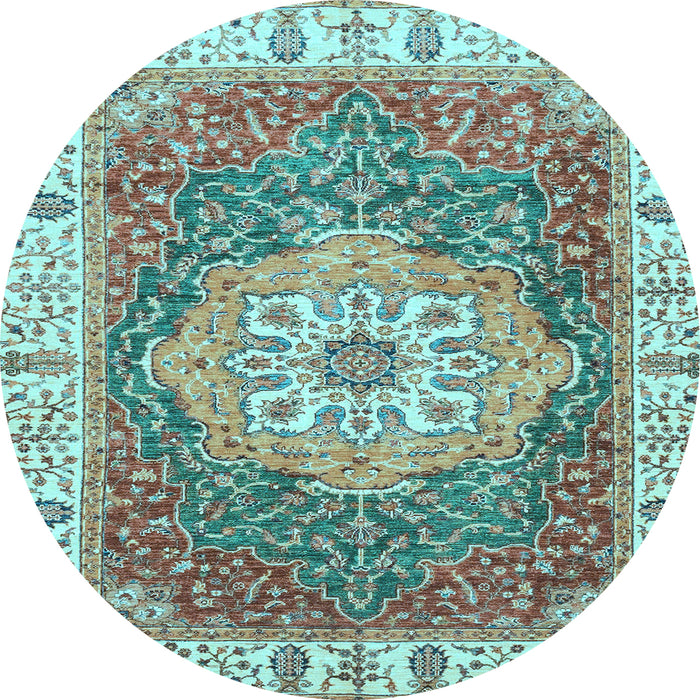 Round Machine Washable Oriental Light Blue Modern Rug, wshabs3383lblu