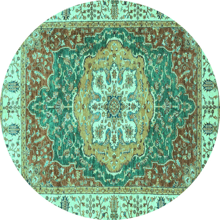 Round Machine Washable Oriental Turquoise Modern Area Rugs, wshabs3383turq