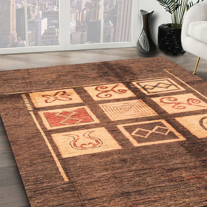 Abstract Saddle Brown Oriental Rug in Family Room, abs3385