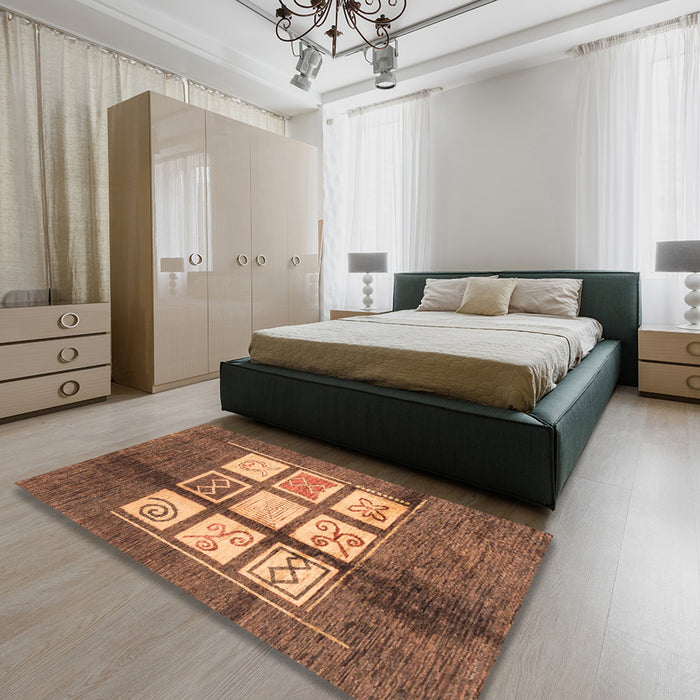 Abstract Saddle Brown Oriental Rug in a Bedroom, abs3385