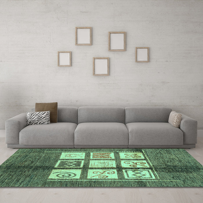 Machine Washable Oriental Turquoise Modern Area Rugs in a Living Room,, wshabs3385turq