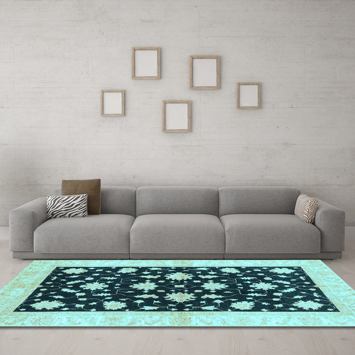 Machine Washable Oriental Light Blue Modern Rug in a Living Room, wshabs3386lblu