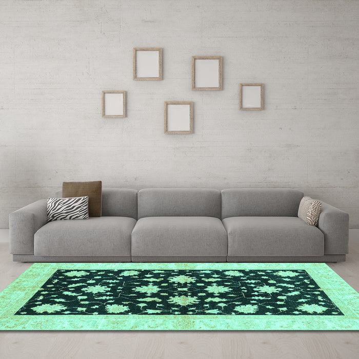 Machine Washable Oriental Turquoise Modern Area Rugs in a Living Room,, wshabs3386turq