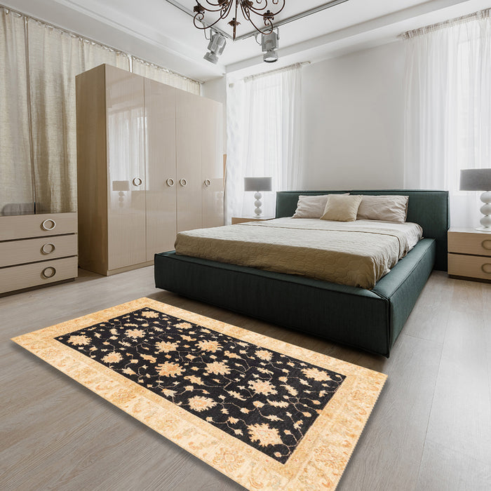 Abstract Dark Brown Oriental Rug in a Bedroom, abs3386