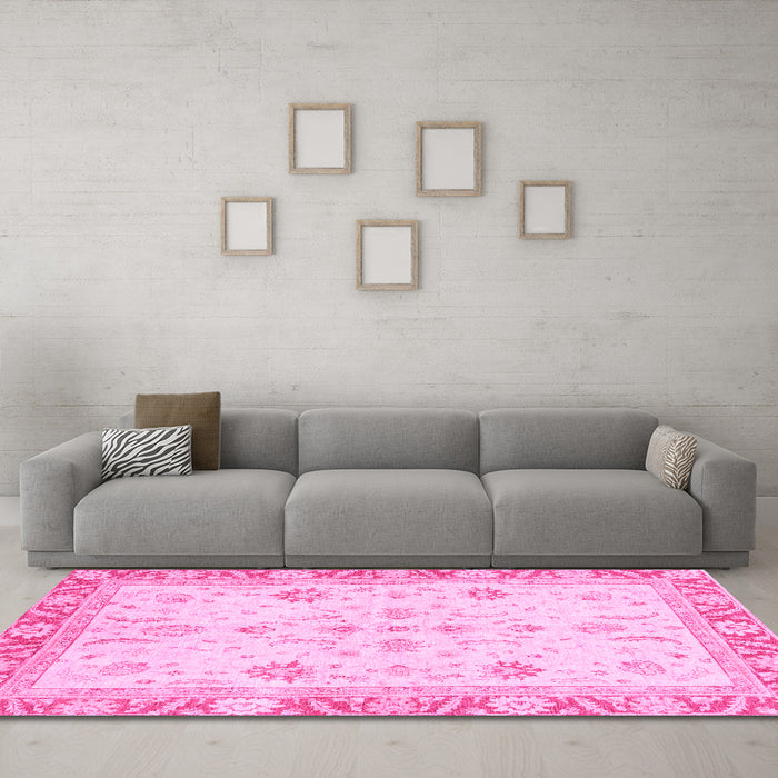 Machine Washable Oriental Pink Modern Rug in a Living Room, wshabs3387pnk
