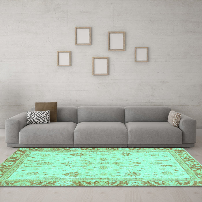 Machine Washable Oriental Turquoise Modern Area Rugs in a Living Room,, wshabs3387turq