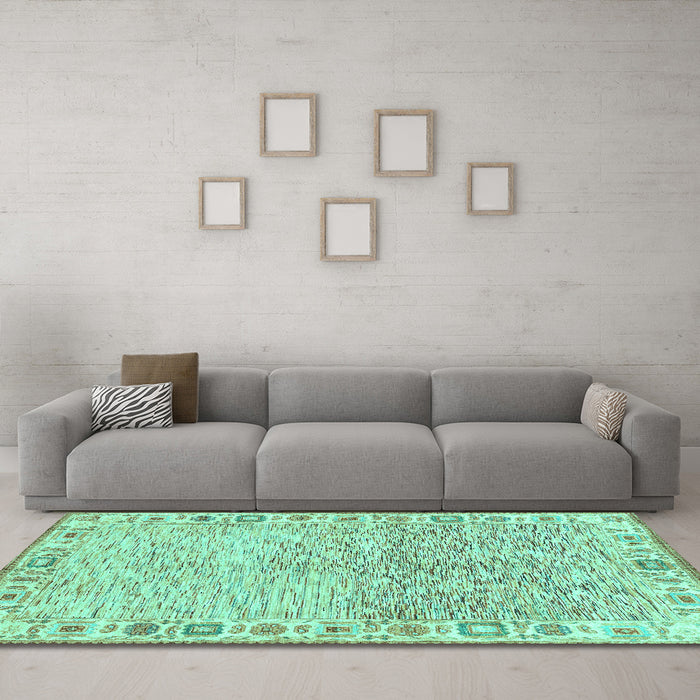 Machine Washable Oriental Turquoise Modern Area Rugs in a Living Room,, wshabs3389turq