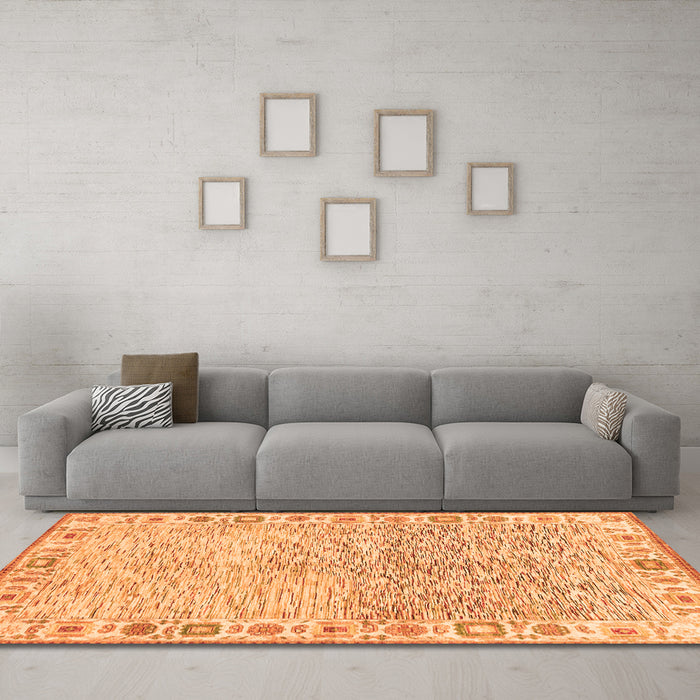 Machine Washable Oriental Orange Modern Area Rugs in a Living Room, wshabs3389org