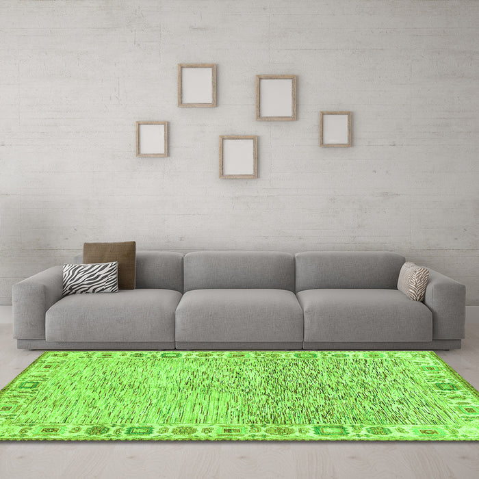Machine Washable Oriental Green Modern Area Rugs in a Living Room,, wshabs3389grn