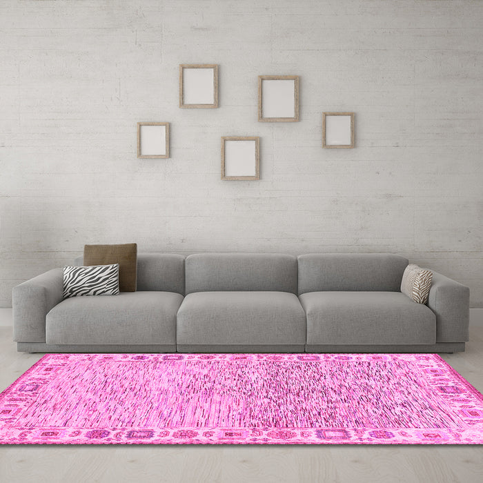 Machine Washable Oriental Pink Modern Rug in a Living Room, wshabs3389pnk