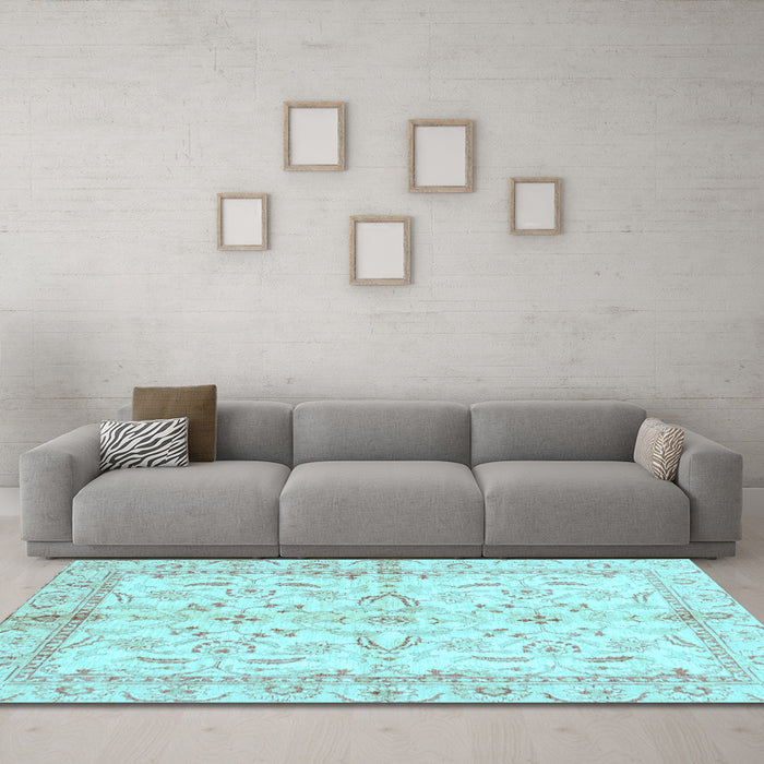 Machine Washable Oriental Light Blue Modern Rug in a Living Room, wshabs3390lblu