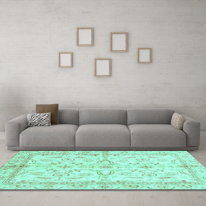 Machine Washable Oriental Turquoise Modern Area Rugs in a Living Room,, wshabs3390turq
