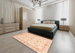 Abstract Khaki Gold Oriental Rug in a Bedroom, abs3390