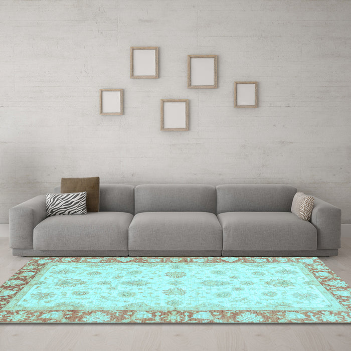 Machine Washable Oriental Light Blue Modern Rug in a Living Room, wshabs3393lblu