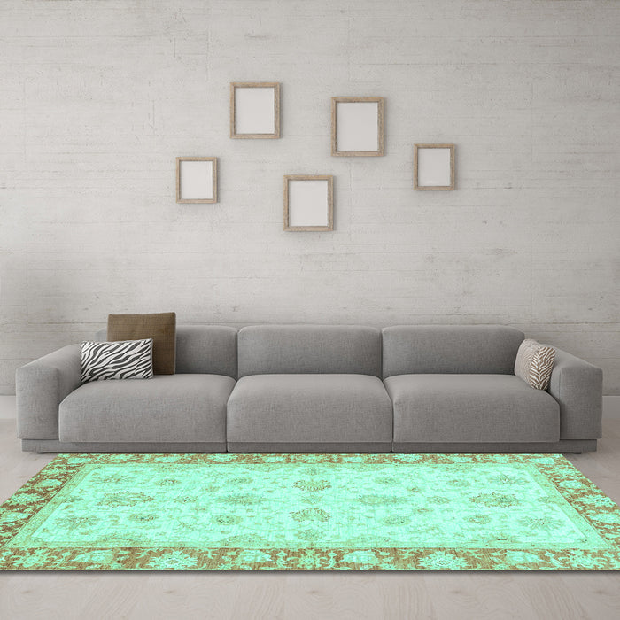 Machine Washable Oriental Turquoise Modern Area Rugs in a Living Room,, wshabs3393turq