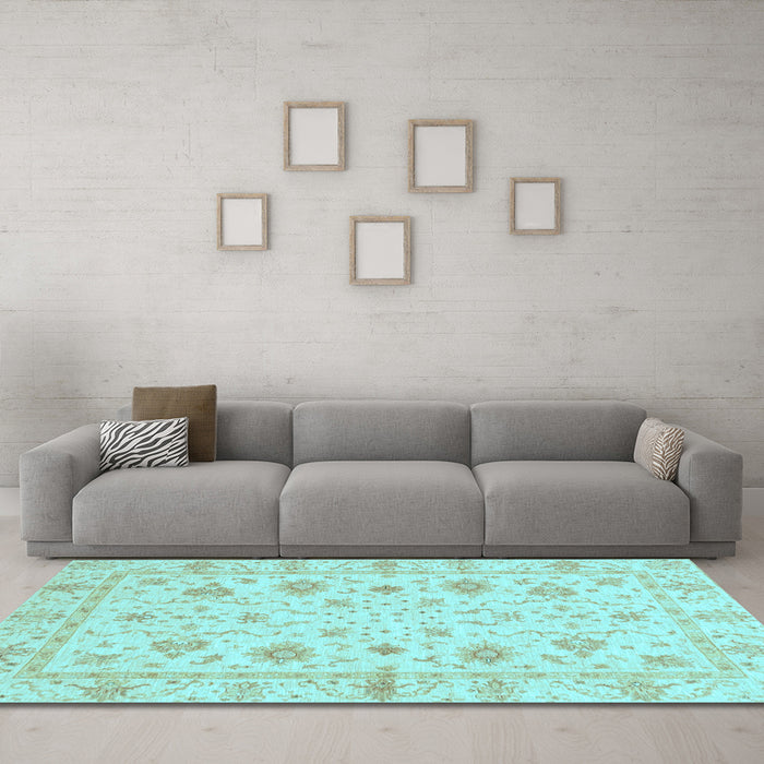 Machine Washable Oriental Light Blue Modern Rug in a Living Room, wshabs3395lblu