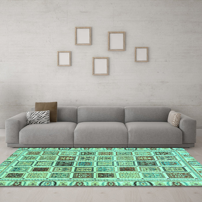 Machine Washable Oriental Turquoise Modern Area Rugs in a Living Room,, wshabs3397turq