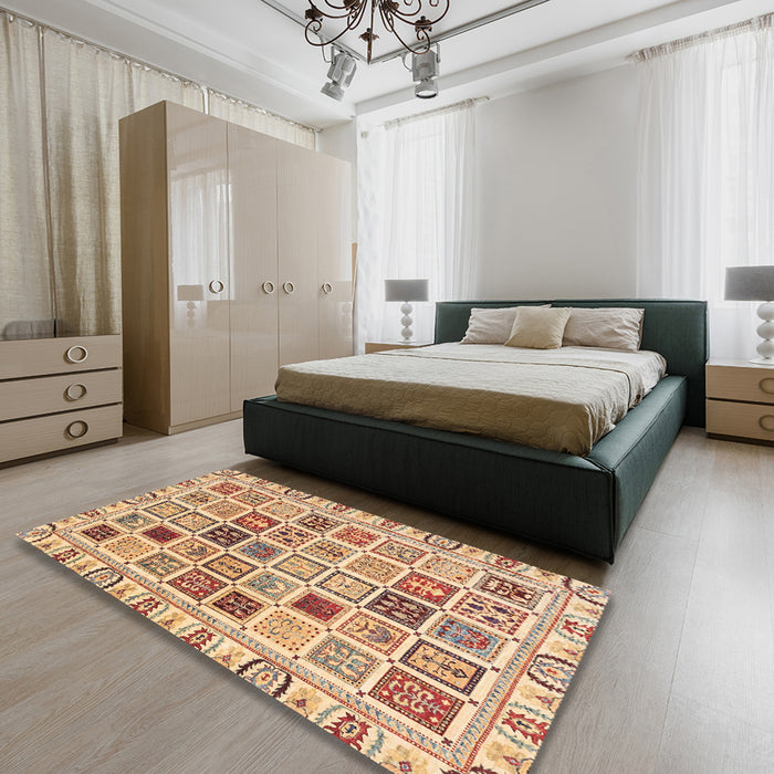 Abstract Chestnut Red Oriental Rug in a Bedroom, abs3397