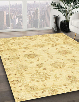 Abstract Mustard Yellow Oriental Rug in Family Room, abs3398