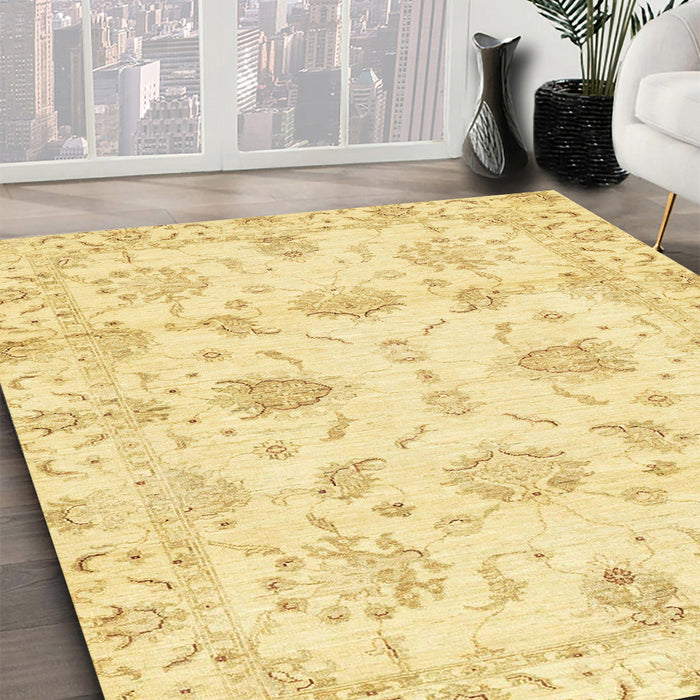 Abstract Mustard Yellow Oriental Rug in Family Room, abs3398