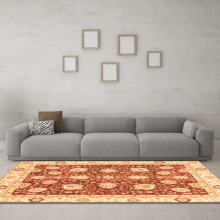 Machine Washable Oriental Orange Modern Area Rugs in a Living Room, wshabs3399org