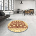 Round Abstract Mustard Yellow Oriental Rug in a Office, abs3399