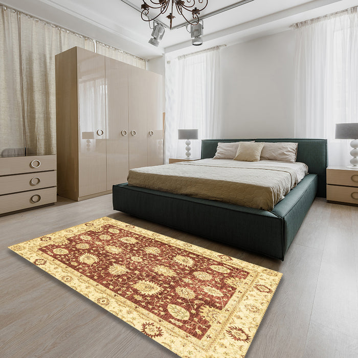 Abstract Mustard Yellow Oriental Rug in a Bedroom, abs3399