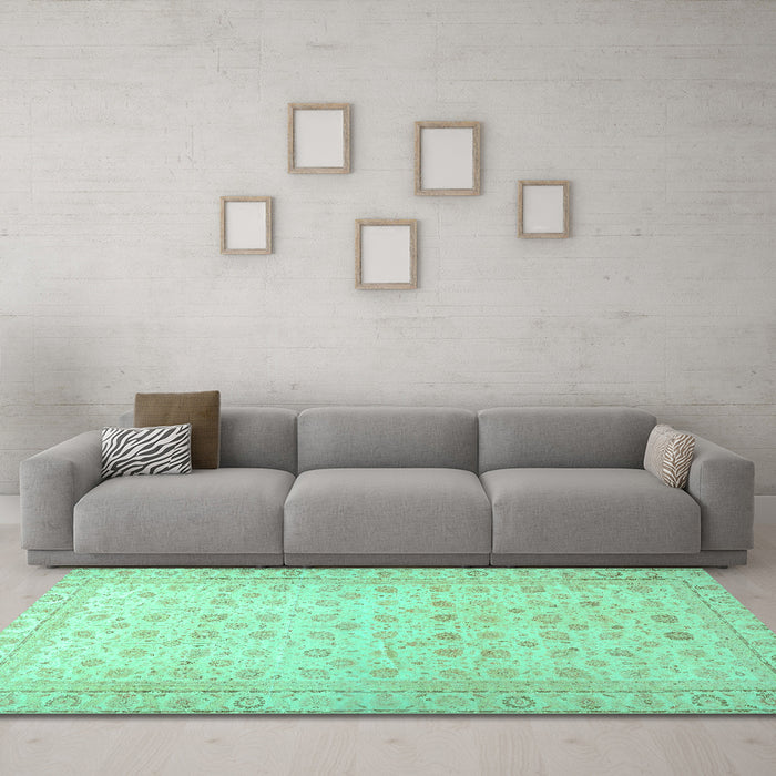 Machine Washable Oriental Turquoise Traditional Area Rugs in a Living Room,, wshabs33turq