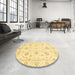 Round Abstract Mustard Yellow Oriental Rug in a Office, abs3400