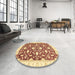 Round Abstract Mustard Yellow Oriental Rug in a Office, abs3401