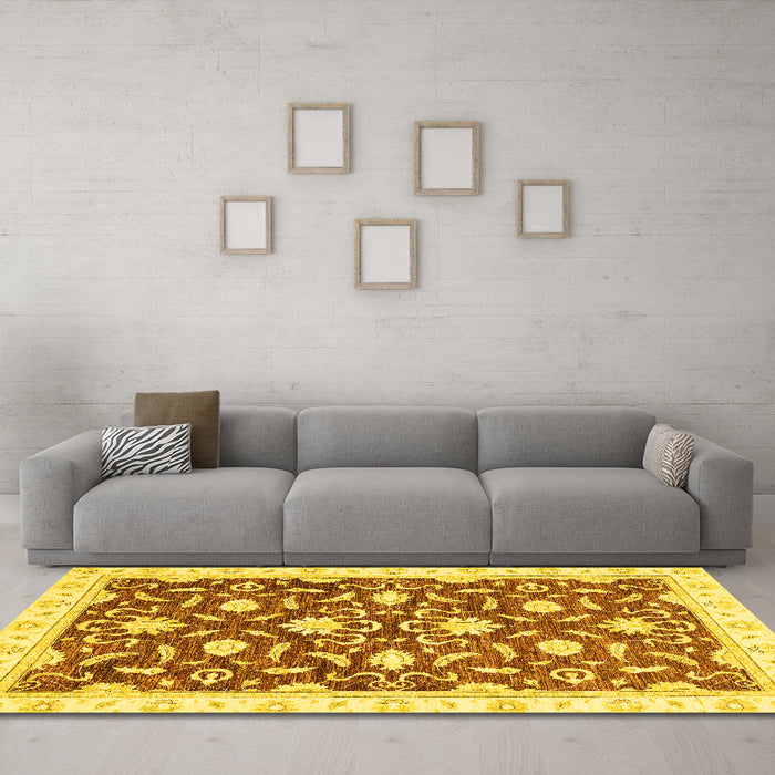 Machine Washable Oriental Yellow Modern Rug in a Living Room, wshabs3401yw