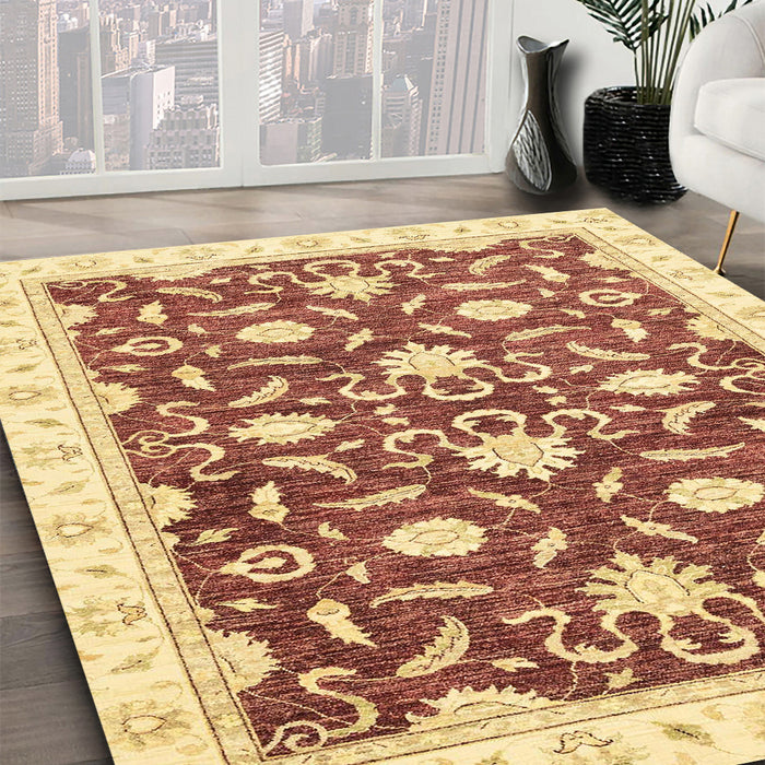 Abstract Mustard Yellow Oriental Rug in Family Room, abs3401