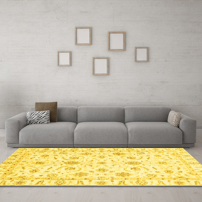 Machine Washable Oriental Yellow Traditional Rug in a Living Room, wshabs3403yw
