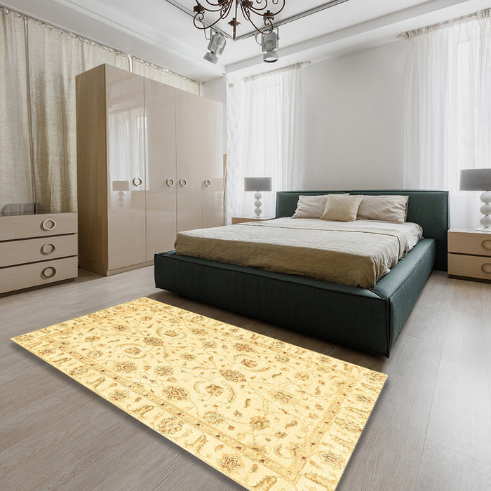 Machine Washable Abstract Sun Yellow Rug in a Bedroom, wshabs3403