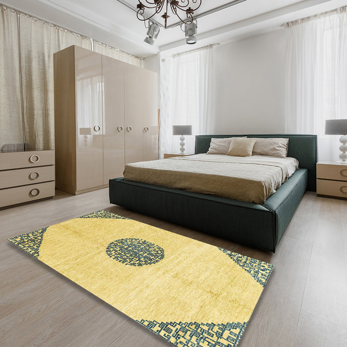 Machine Washable Abstract Yellow Rug in a Bedroom, wshabs3407