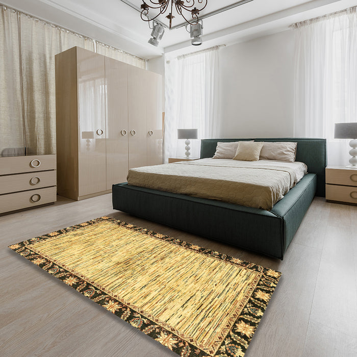 Abstract Bold Yellow Modern Rug in a Bedroom, abs3408