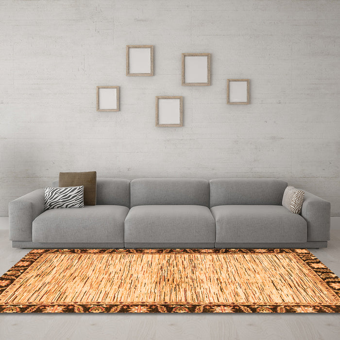 Machine Washable Abstract Orange Modern Area Rugs in a Living Room, wshabs3408org