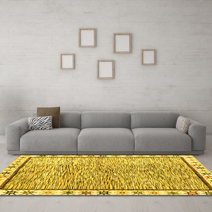 Machine Washable Abstract Yellow Modern Rug in a Living Room, wshabs3414yw