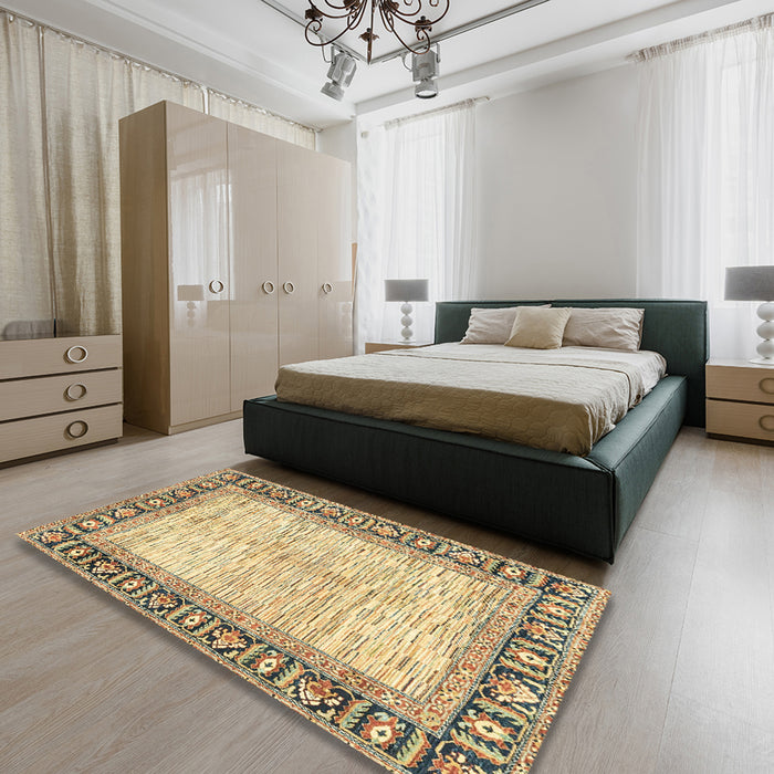 Abstract Brown Gold Modern Rug in a Bedroom, abs3415