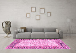 Machine Washable Abstract Pink Modern Rug in a Living Room, wshabs3415pnk