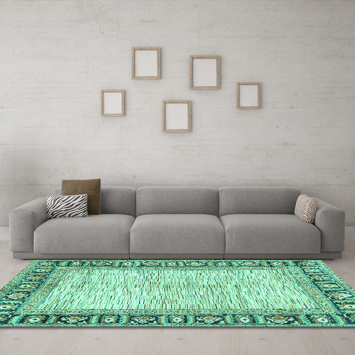 Machine Washable Abstract Turquoise Modern Area Rugs in a Living Room,, wshabs3415turq